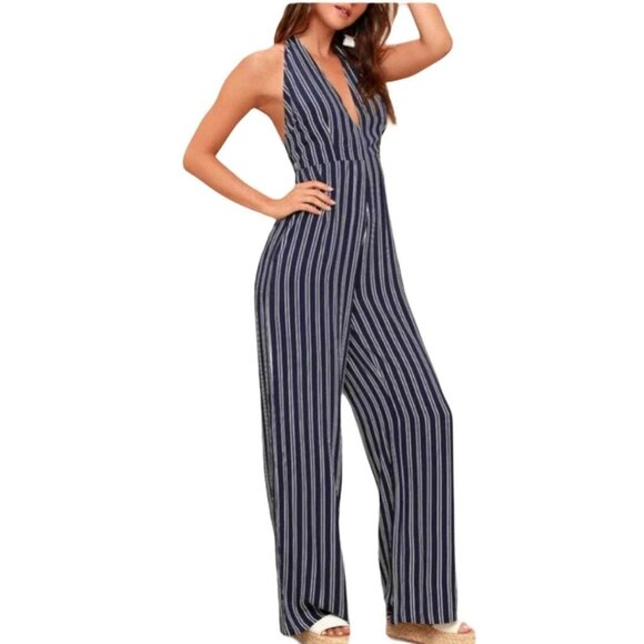 Jack By BB Dakota Womens Halter Neck Striped Jumpsuit Size 8 Dark Blue - Picture 1 of 4